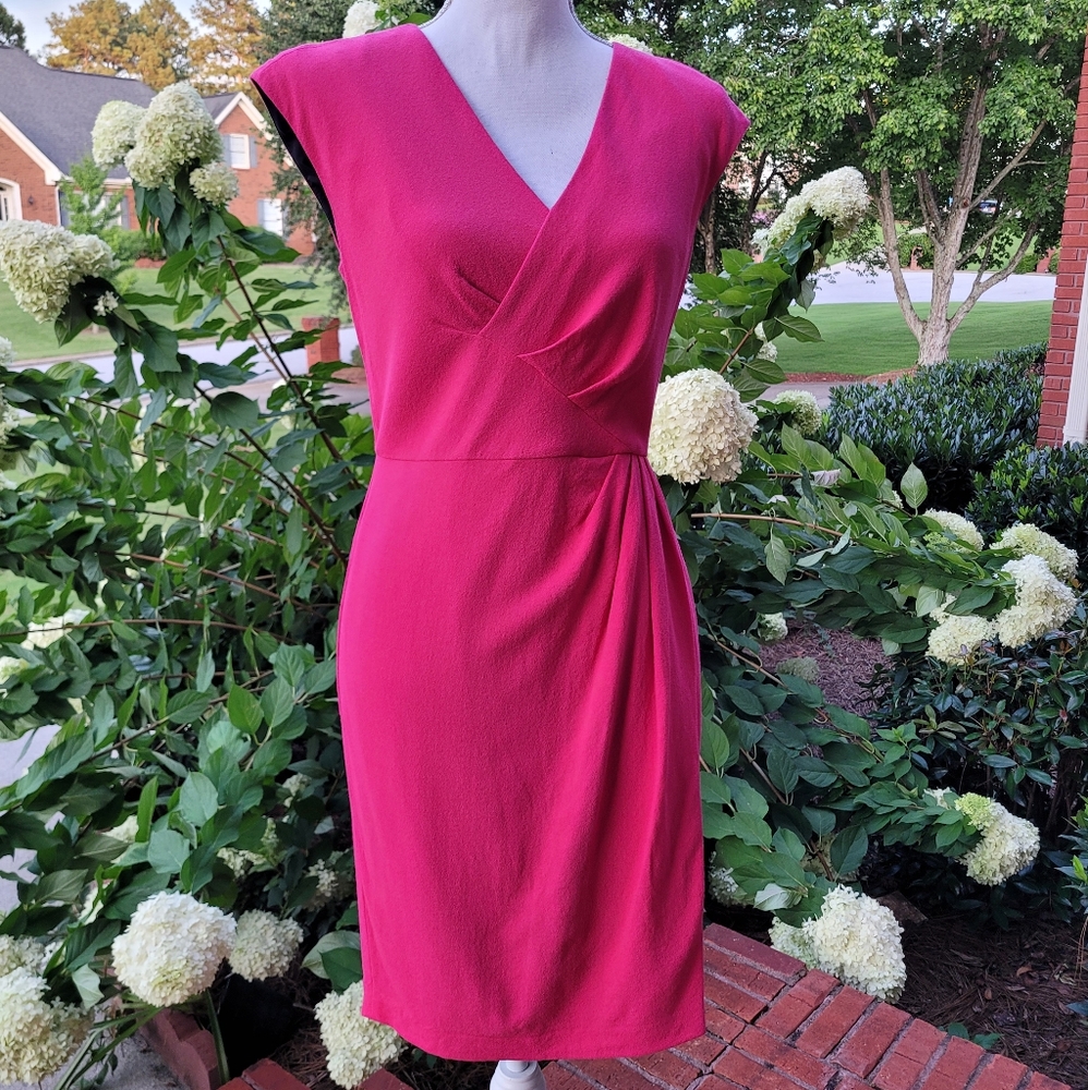 Lafayette 148 New York Pleated Barbiecore Fushia Hot Pink Sheath Midi Dress NWOT